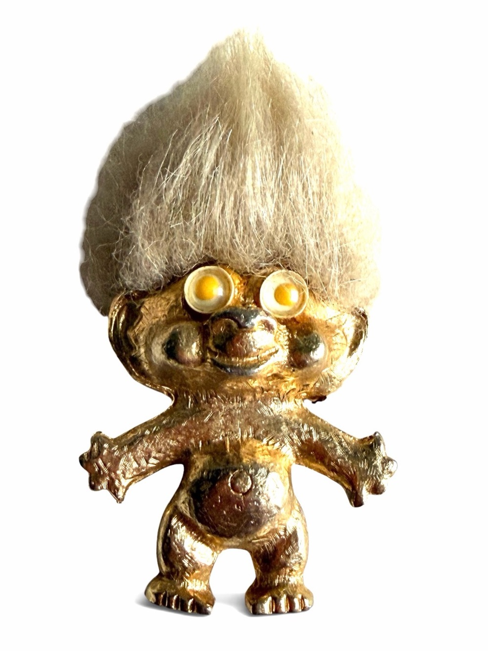 Vintage Good Luck Troll Doll Gold Tone Metal Blonde Mohair Googly Eyes 3 Inch